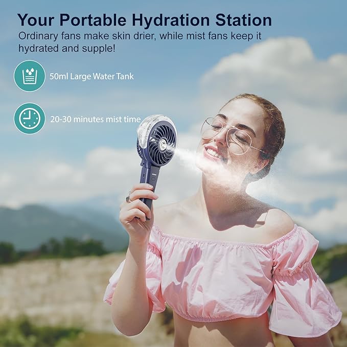 HandFan 4000mAh Upgraded Handheld Misting Fan, 50ml Water Tank, Rechargeable Personal Mister Fan Portable AC, Spray Water Mist Fans, Foldable Cooling Ice Fans for Beach Travel Disney(Royal Blue)