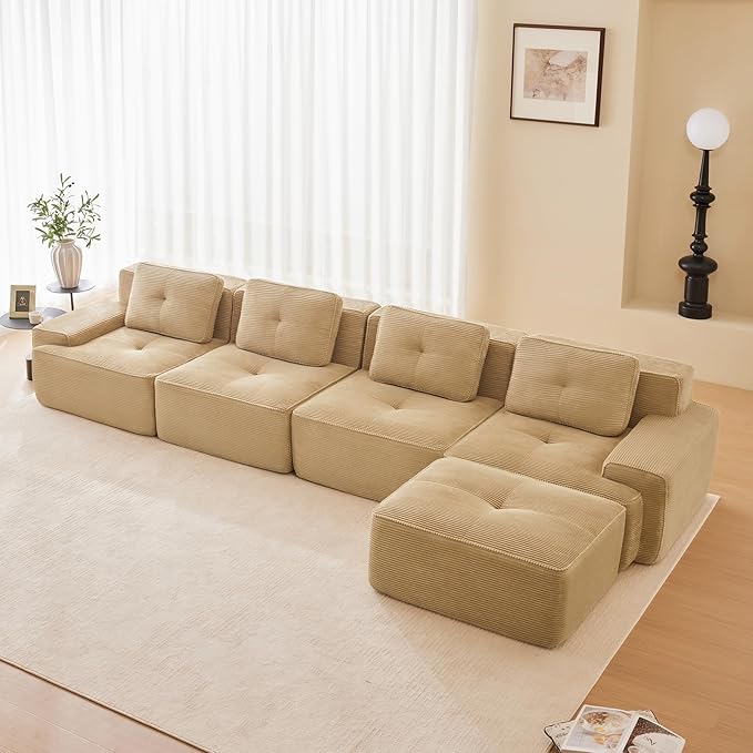 Camel Ottoman for Modular Sectional Sofa, Corduroy Deep Seat for Oversized Compressed Boneless Sectional Couches for Living Room Bedroom Apartment, Cloud Sofa Couch Set, Memory Foam, No Assembly