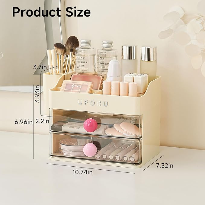 Makeup Organizer for Vanity with Brush Holder, Countertop Organizer with 2 Drawers, Spacious Cosmetic Display Case for Beauty Essential, Skincare, Lipstick