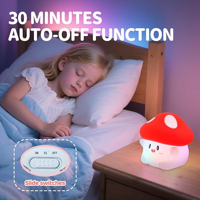 Rytinazzz Mushroom Night Light, Color Changing & 50-Hour Battery, Squishy Lamp with Pat Control for Kids Room Decor, USB Rechargeable, Valentines Gifts