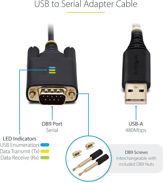 StarTech 10ft USB to Serial Adapter Cable FTDI IC (1P10FFC-USB-SERIAL) | USB-A to DB9 RS232 Interchangeable DB9 Screws Nuts COM Retention LED Indicators
