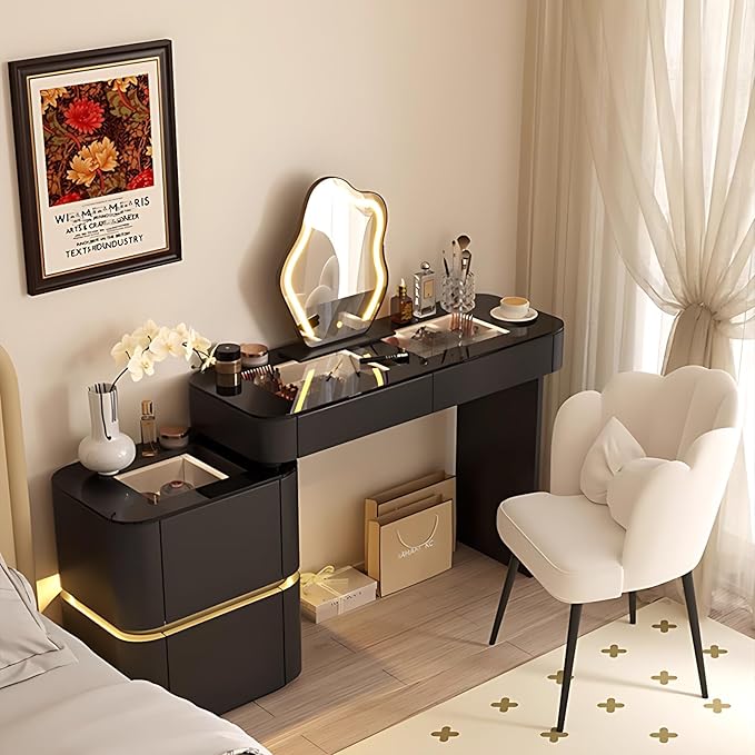 Makeup Vanity Desk with Storage Drawers, Solid Wood Glass Top, Lights Desk and Chair, Easy Installation (Black 2 Drawers, 47.2”)