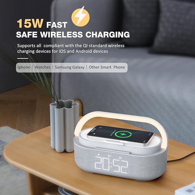 COLSUR Bluetooth Speaker Alarm Clock with Wireless Charger, FM Radio, Adjustable LED Night Light, 6 in 1 Bedroom Portable Speaker 2500mAh, Phone Stand for Bedside, Home, Office, Gift (Gray)