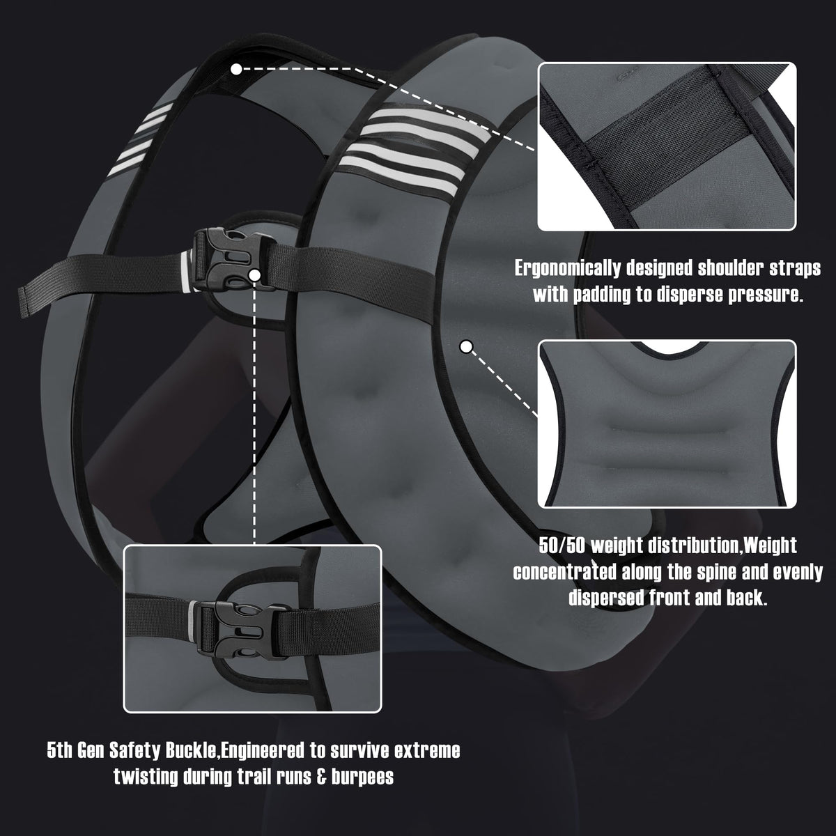 NATURELUX Weighted Vest with Reflective Stripe and Adjustable Buckle Straps, Dark Grey, 10 lbs