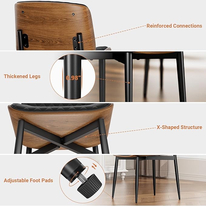 Dining Chairs Set of 4, FSC Certified Mid Century Modern Accent Dining Room and Kitchen Chairs, Upholstered PU Leather Diamond Check Chairs with Walnut Bentwood and Metal Legs, Black