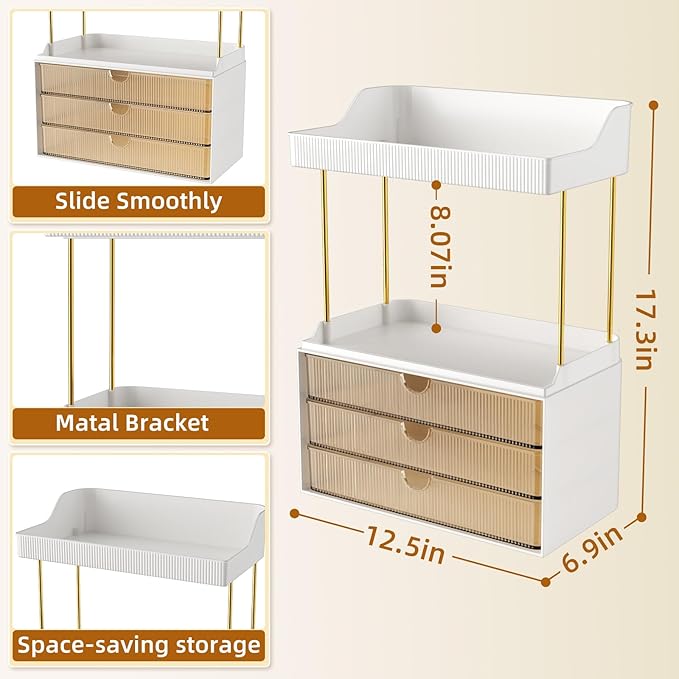 3 Drawers Makeup Organizer - 5 Tier Bathroom Organizers and Storage, Versatile Perfume Vanity Organizer, Ideal for Cosmetic, Large Skincare, Face Mask, Office Supplies, Amber