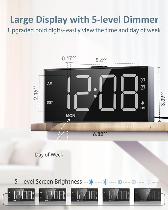 Loud Alarm Clock with Bed Shaker for Heavy Sleeper,3-level Vibrating,Large Digits,Weekday/Weekend Mode,Dual Alarms for Hard of Hearing/Deaf, 5 Volume,Dimmer,USB Charger,Snooze,Battery Backup