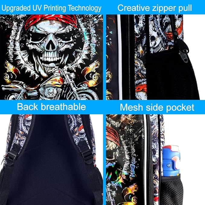 KLFVB 3PCS Kids Bookbag, 17" Boys Backpack and Lunch Box, Water Resistant Teenagers School Bag for Middle Elementary - Skeleton Motorcycle