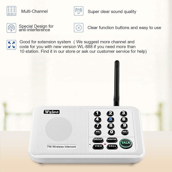 Wuloo Intercoms Wireless for Home 5280 Feet Range 10 Channel 3 Code, Wireless Intercom System for Home House Business Office, Room to Room Intercom, Home Communication System (3 Packs, White)