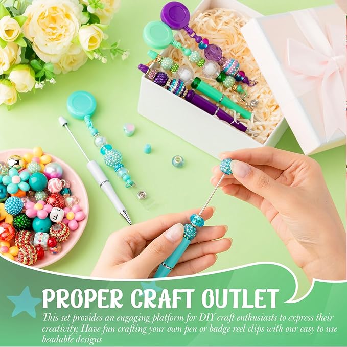 48 Pcs DIY Beadable Kit Include 24 Beadable Ballpoint Pen Black Ink 24 Bead DIY Badge Reel Retractable ID Name with Belt Clip Holder for Nurse Teacher Making Gift Office School Supplies