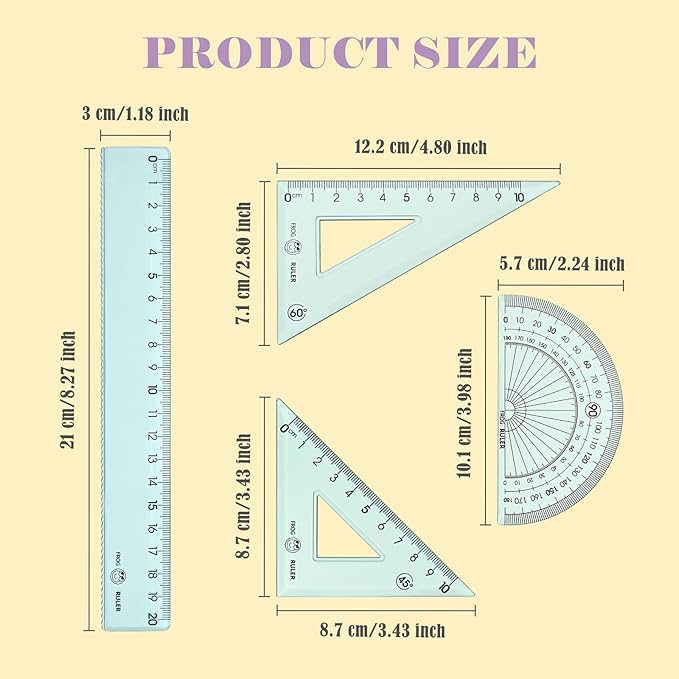 BAYTORY 12Pcs Transparent Ruler Set, Shatterproof Colorful Acrylic Rulers, Clear Lightweight Geometry Set, Student Stationery Measuring Tool, for School and Office (Transparent Colors)
