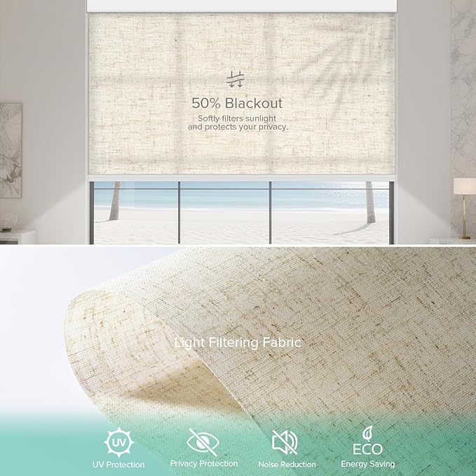 Kilonity Motorized Roller Shades, Light Filtering Remote Control Custom Window Shades Compatible with Alexa Google Assistant via RF Hub, Rechargeable Electric Blinds for Windows (Texture Beige)