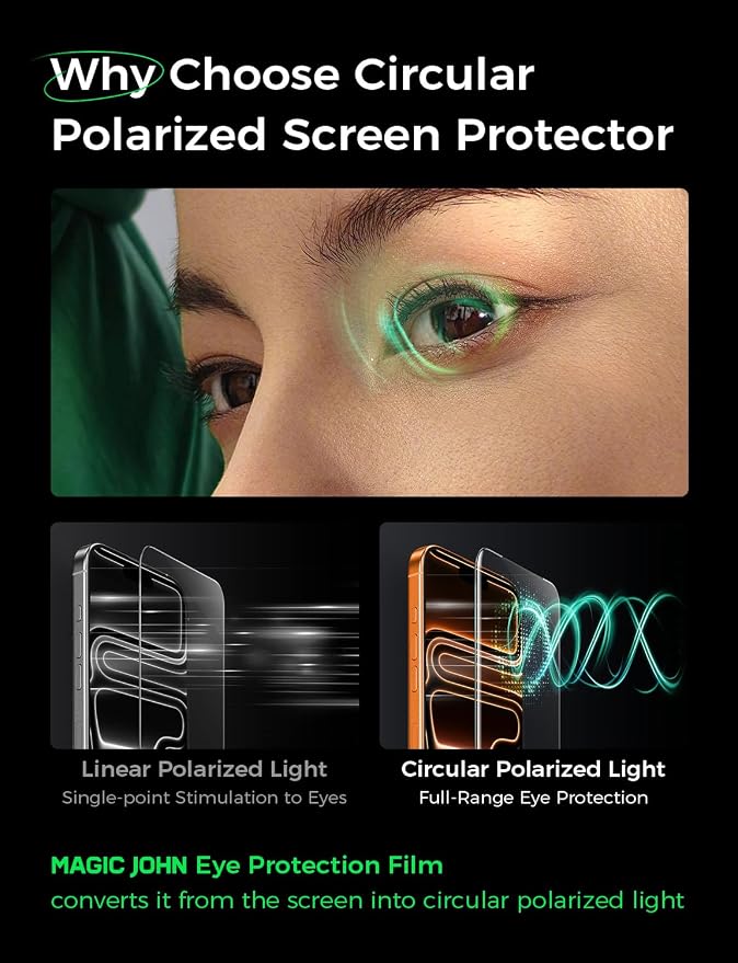 MAGIC JOHN 2 Pack for iPhone 15 Pro Screen Protector Eye Protection | HD Clear Auto Dust-Elimination 9H Tempered Glass &amp Scratch Resistance Full Edge Coverage