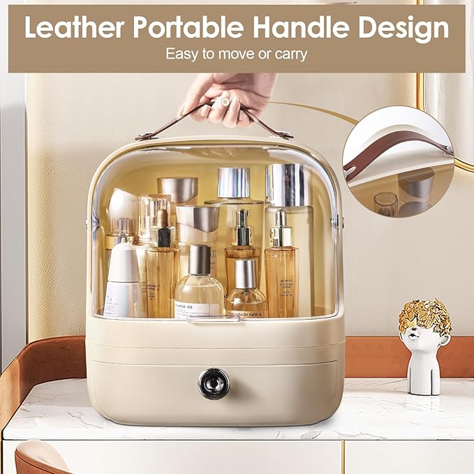 Makeup Storage Organizer Skincare Organizers, Cosmetics Display Case with Makeup Brush Holder and Lipstick Organizer, Dustproof Countertop Makeup Organizer with Transparent Cover and Handle