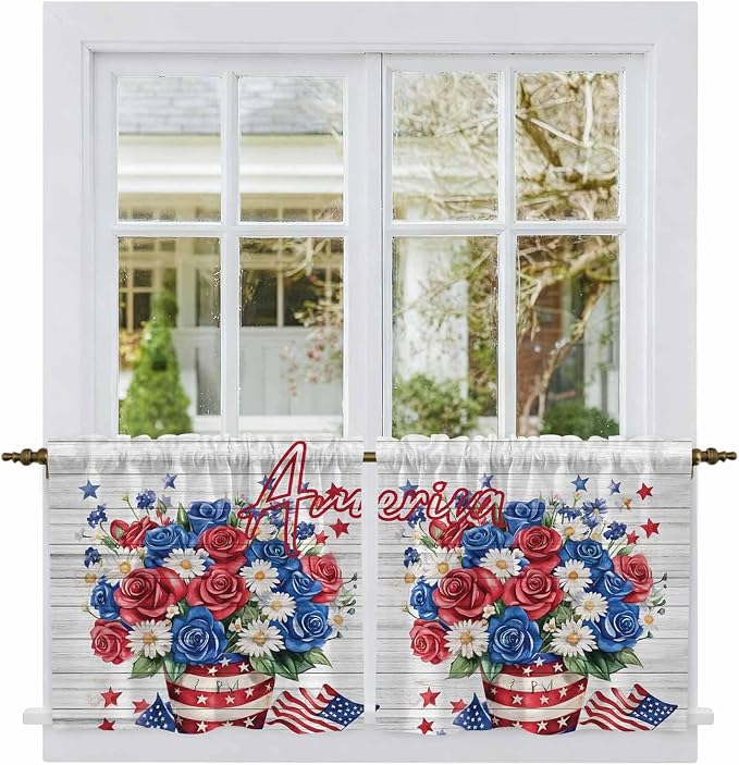 Independence Day Kitchen Tier Curtains 24 Inch Long 2 Panel Set, Rod Pocket
