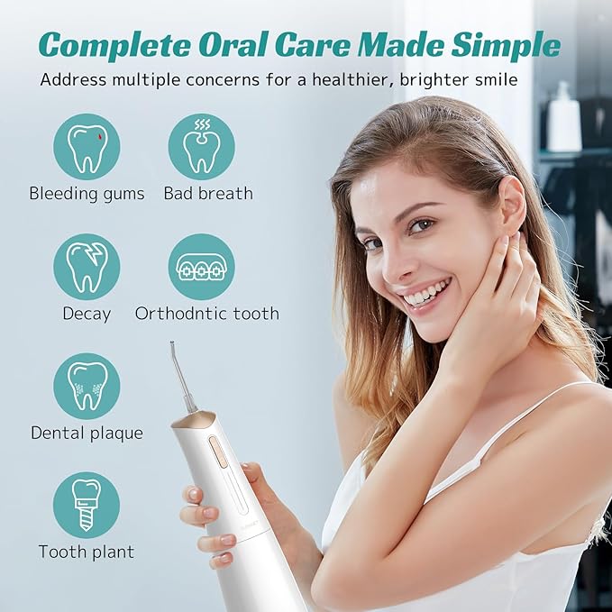 FlossJet Water Dental Flosser Cordless Oral Irrigator with 300ml 5 Tips 4 Modes USBCharger Portable Travle Irrigation Cleaner IPX7 Electric Irrigador Dental for Teeth Cleaning (White)