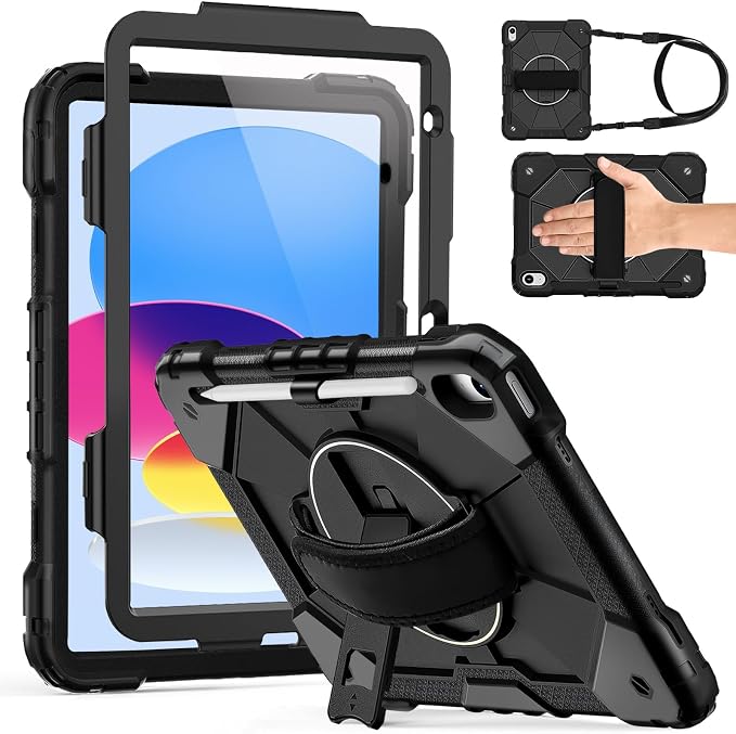 Weuiean Case for iPad A16 11th/10th Generation 11/10.9 Military-Grade Heavy-Duty Shockproof Cover with 360° Rotating Stand Built-in Pencil Holder &amp Adjustable Hand/Shoulder Strap - Black