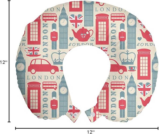 Ambesonne London Travel Pillow Neck Rest, Popular British Culture Elements Retro Colors Flag Patterned Hearts, Memory Foam Traveling Accessory for Airplane and Car, 12", Coral Bluegrey