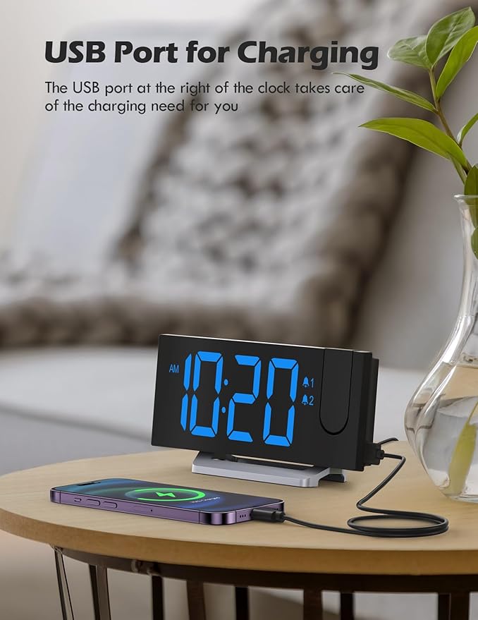 Projection Alarm Clock with FM Radio, USB Charging Port, 0-100% Dimmer, Dual Alarms, HD LED Display, 30 Preset Stations, Sleep Timer, 5 Alarm Sounds, Snooze, Curved Screen, Digital Clock for Bedroom