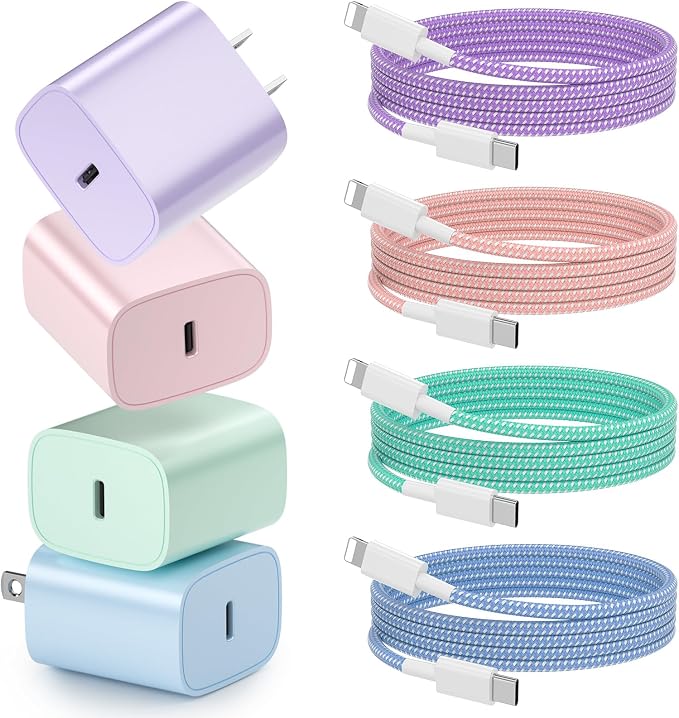 Phone Charger Fast Charging 4 Pack 20W USB C Wall Charger Block with Cable | 6FT Charging Cable Type C Fast Charge Block Compatible with Phone 14/14 Pro Max/13/13 Pro/12/12 Pro/11/11 Pro/XS Pad More