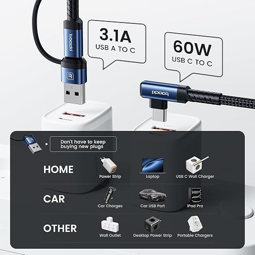 toocki 60W USB C Cable Right Angle Type C Fast Charging Cable 10FT 2-Pack | 2 in 1 Multi USB A/C to USB-C Cable for iPhone 17 16 15 Pro Plus Pro Max Air/MacBook Air/Samsung S25 Ultra/S24/ Note 20