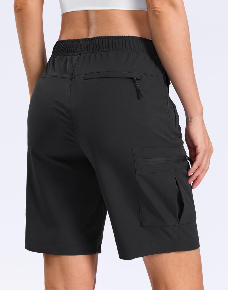 SANTINY Women's 7"/9" Lightweight Hiking Cargo Shorts with 5 Zipper Pockets Quick Dry Summer Long Travel Golf Short for Women (Black_XL)