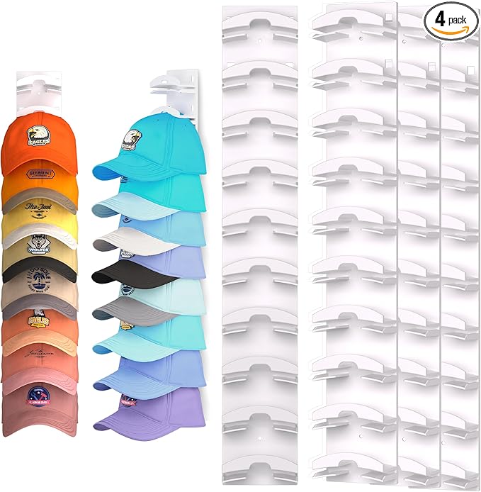 Hat Organizer for Baseball Caps 4Pack, Hat Rack for Wall with Strong Adhesive Hold up to 40 Hats, Hat Hanger Holder Display for Door Closet, Cap Organizer Storage Multilayer Two Mounting Option(White)