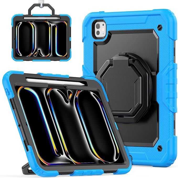for iPad Pro 11 inch Protective Case M5 2025/M4 2024: Heavy Duty Shockproof Case with Pencil Holder - 360°Rotating Handle/Stand - Screen Protector - Shoulder Strap Black/Sky Blue