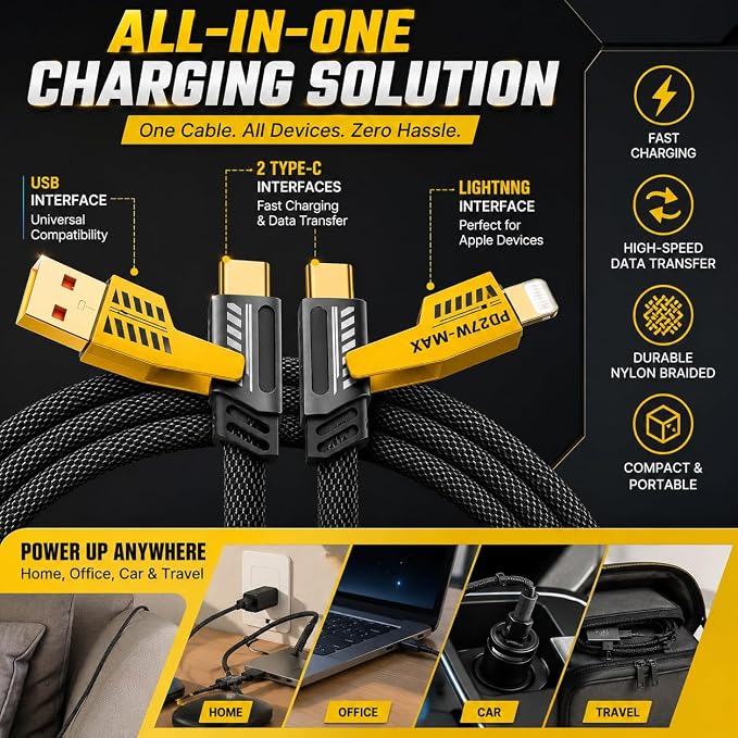 120W Dual USB &amp Dual Type-C Fast Charger C Chargers Fast Charging 4 Foot 4 in 1 Fast Charging Cable &amp Data Sync Dual Ports Adapter for Gaming Office Travel (1set)