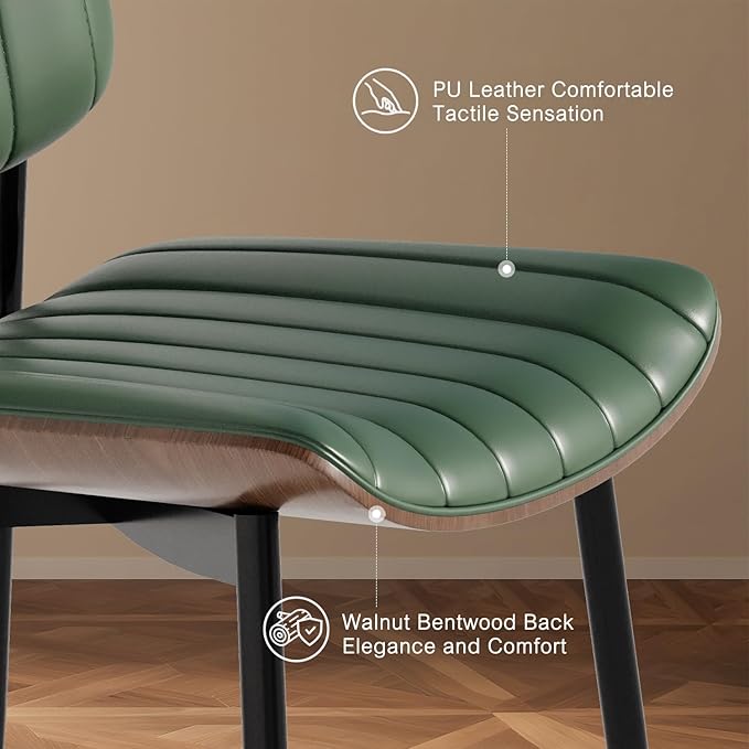 Modern Green Leather Dining Chair Set of 2, Bentwood Backrest & Black Metal Frame Ergonomic Comfort, Sustainable Style, Multi-Space Versatile, Green