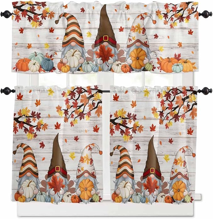 Fall Gnomes Kitchen Curtain Set, Thanksgiving Maple Leaf Grey Wood Grain Window