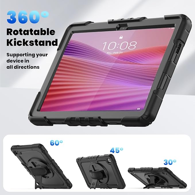 Junfire Shockproof Case for Lenovo Tab 10.1 (TB-311XU/TB-311FU) 2025 2026 | Screen Protector 360 Rotating Kickstand Hand Strap Shoulder Belt Black
