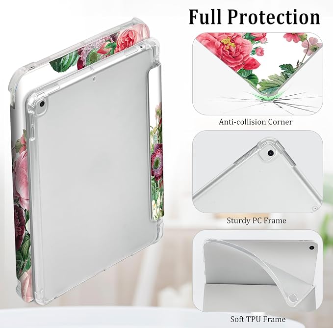Lokigo for iPad 9th/ 8th/ 7th Generation Case 10.2 Inch (2021/2020/2019 Release) iPad Air 10.5 (3rd Generation) 2019 /Pro 10.5 2017 Case with Translucent Hard Shell Back -Flowers