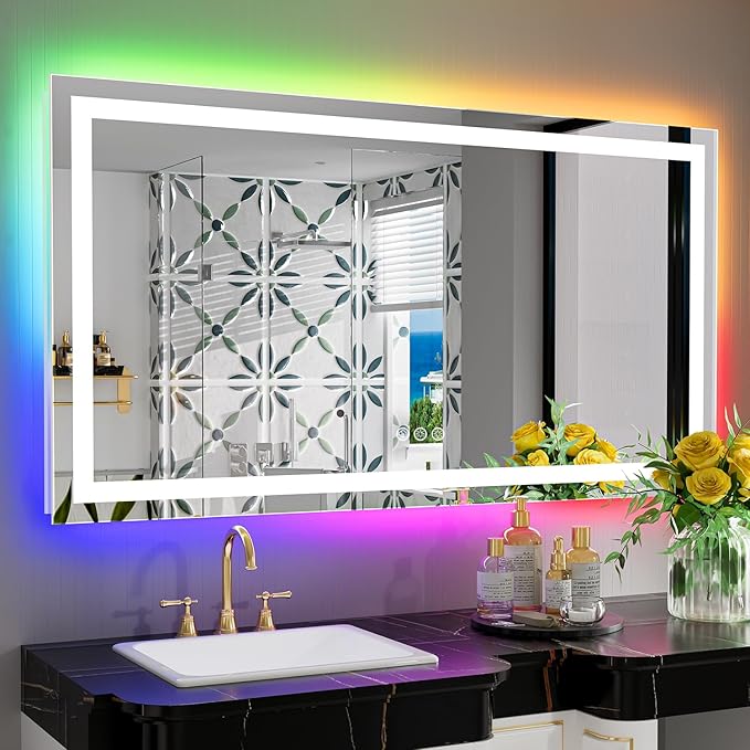 YEELAIT 55x30 Inch RGB LED Bathroom Mirror Front Light and RGB Backlit Lighted Vanity Mirror for Bathroom Wall Mounted Dimmable Anti Fog Memory Shatter-Proof IP54 Waterproof Horizontal/Vertical