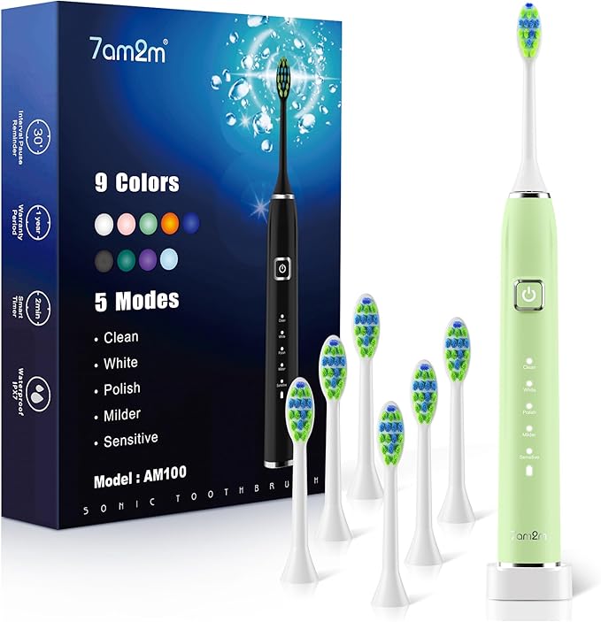 7AM2M Sonic Electric Toothbrush with 6 Brush Heads for Adults&Kids, One Charge for 120 Days, Wireless Fast Charge, 5 Modes, 40000VPM Powered Toothbrush, 2 Minutes Built in Smart Timer (Light Green)