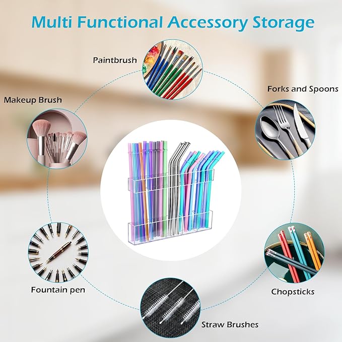2Pack 9.5" Large Acrylic Straw Holder for Cabinet Door – Kitchen Cabinets Straws Organizer, Reusable Tumbler, Small Kitchens Accessories Storage Container (Transparent)