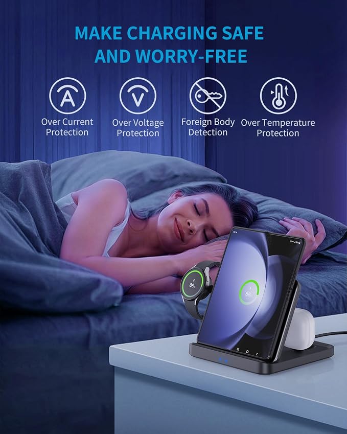 Wireless Charger Station for Samsung Z Fold 7/6/5 ANPULES 3 in 1 Foldable Fast Wireless Charging Stand Dock for Galaxy Z Fold4/Flip 6/5 Wireless Charger for Watch 6/6 Classic Buds 2/Pro/Live
