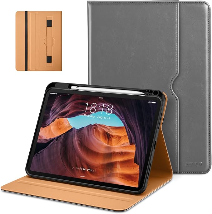 DTTO for iPad (A16) 11th Generation 11-inch &amp 10th Gen Case Brown | Premium Leather Business Cover with Pencil Holder Hand Strap &amp Pocket Corner Protection Auto Sleep/Wake for Work &amp
