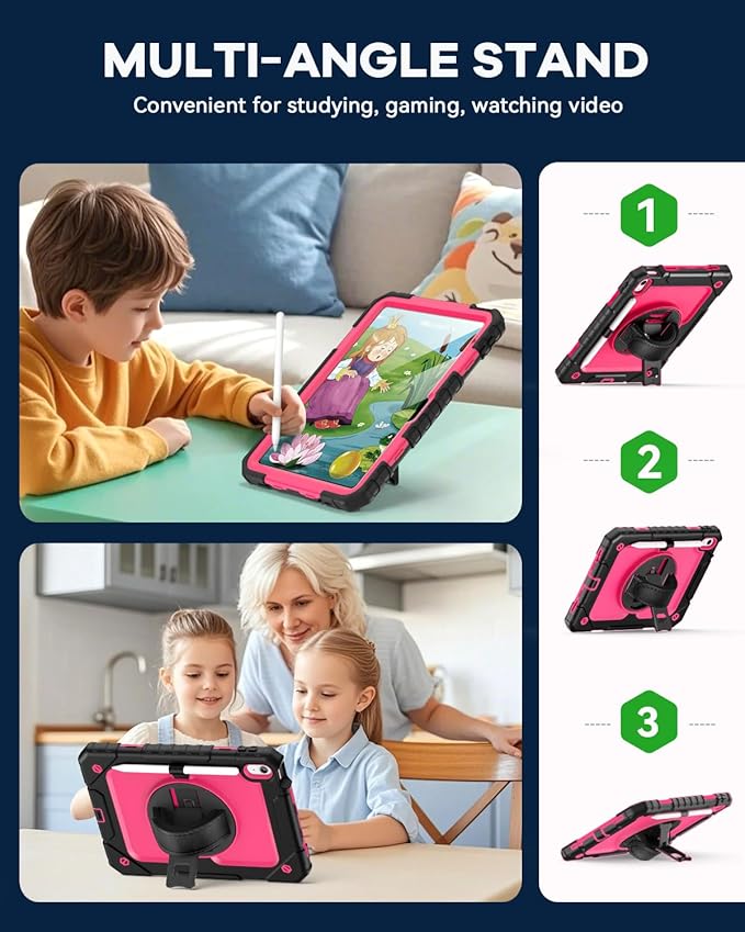 Cantis Case for iPad 11-inch (A16) 2025/ iPad 10th Generation 2022 (10.9 inch) with Screen Protector, iPad 11th Case with 360 Degree Rotating Stand/Shoulder Strap/Pencil Holder, Black+Hot Pink