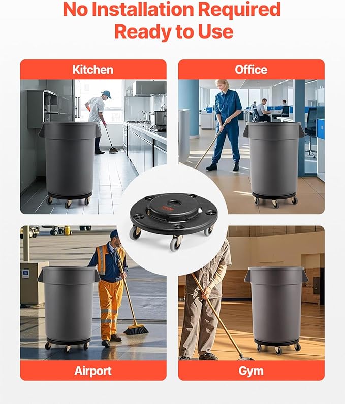 VEVOR Trash Can Dolly, Fit 20, 32, 44, 55 Gallon Containers, Round Trash Can Roller Base with 4 Lockable Wheels, 500lbs Weight Capacity, Heavy Duty Barrel Dolly, Multi-Functional Rolling Cart