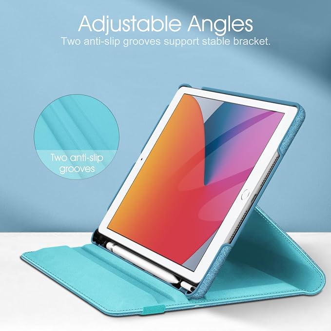 Fintie 360° Rotating Case for iPad 9th / 8th / 7th Generation 10.2 Inch | Swivel Stand Portrait &amp Landscape Viewing Shockproof Cover with Pencil Holder Auto Wake/Sleep Aqua Wave