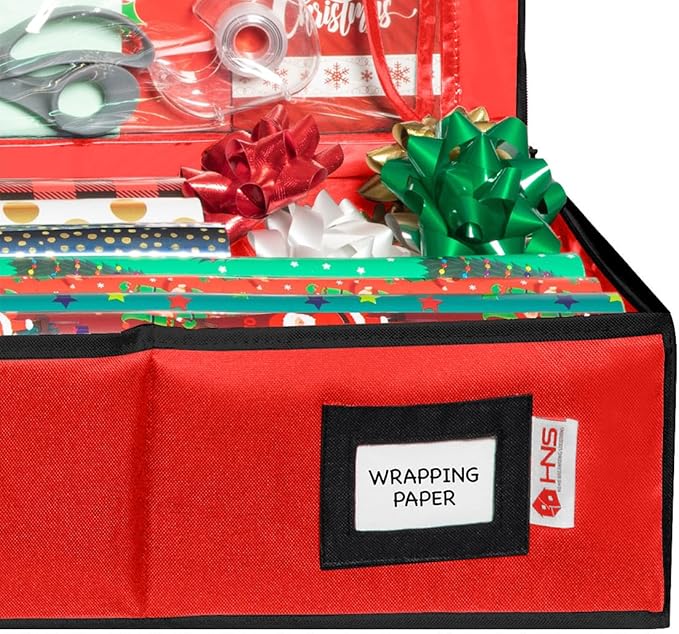 HOLDN’ STORAGE Premium Wrapping Paper Storage Container - Durable 600D Tear-Proof, Fits 27 Rolls Gift Wrap, Extra Pockets for Ribbons & Bows, Underbed Storage - Ideal for Holiday Christmas, Red