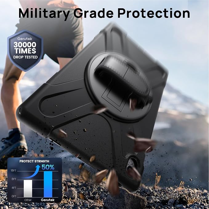 Gerutek Case for Samsung Galaxy Tab S10 FE+/ S10 FE Plus 2025 13.1 Inch Full-Body Drop Protective Case with Screen Protector Pen Holder 360° Rotate Hand Strap &amp StandShoulder Strap Black