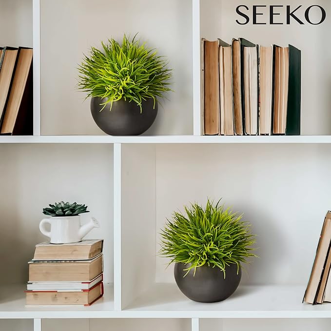 SEEKO Succulents Small Fake Plants (Grass, 2 Pack) - Realistic Artificial Plants Indoor for Shelf, Bathroom, Desk, Office and Bathroom Decor