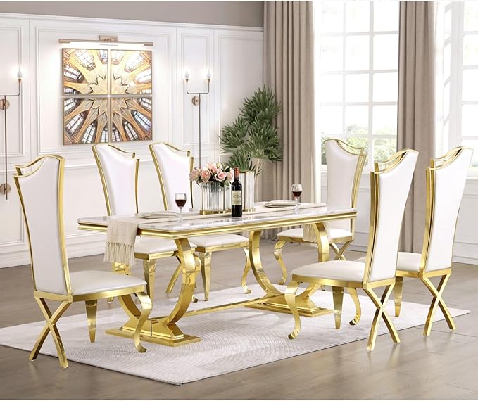 White and Gold Dining Chairs Set of 8, White PU Leather Dining Room Chair with Gold Polished Metal Legs, Glam Upholstered Kitchen Chairs for Dining Room, Kitchen, Living Room