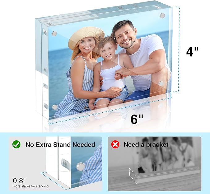 HOUSE DAY Acrylic Picture Frames 4x6, 6 Pack Magnetic 4 x 6 Picture Frame, Double Sided Clear 4x6 Photo Frame with Microfiber Cloth, Frameless FreeStanding 4x6 Frame Gift for Desktop Display