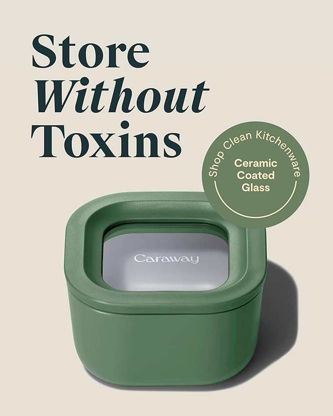 Caraway Mini Square Food Storage Container - 1.75 Cup Glass Storage Container for Food - Non-Toxic Ceramic-Coated Glass - Air Release Technology - Compact & Stackable Design - Sage