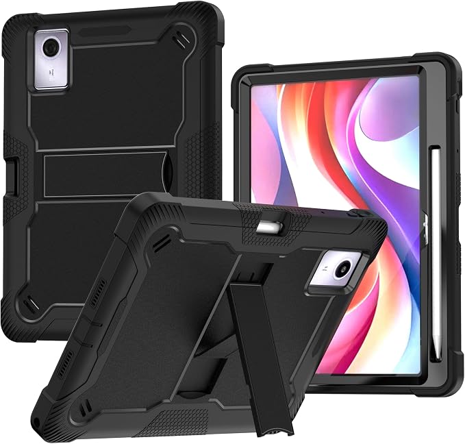 for Lenovo Idea Tab 11 Case 2025/K11 Gen2/Moto Pad 60 Neo 11 Inch 3-in-1 Shockproof Cover w/Pen Holder Soft Silicone &amp Hard PC Horizontal Foldable Stand Screenless Front No Stylus (Black)