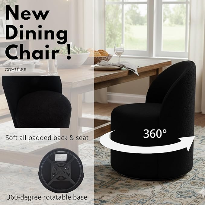 Modern Barrel Chair Swivel Base Black Sherpa Accent Chair 360°Rotating Vanity Chair Mid-Century Dining Side Chair Kitchen Chair for Living Room, Bedroom, Home, Office, Kitchen