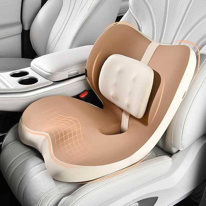 FLORICH 2 in1 Truck Seat Cushion and Lumbar Support Pillow Memory Foam Car Seat Cushion with Adjustable Strap for Truck Driver Long Drives, Fits Semi Truck Seat,Car,Office&Gaming Chair(Brown)